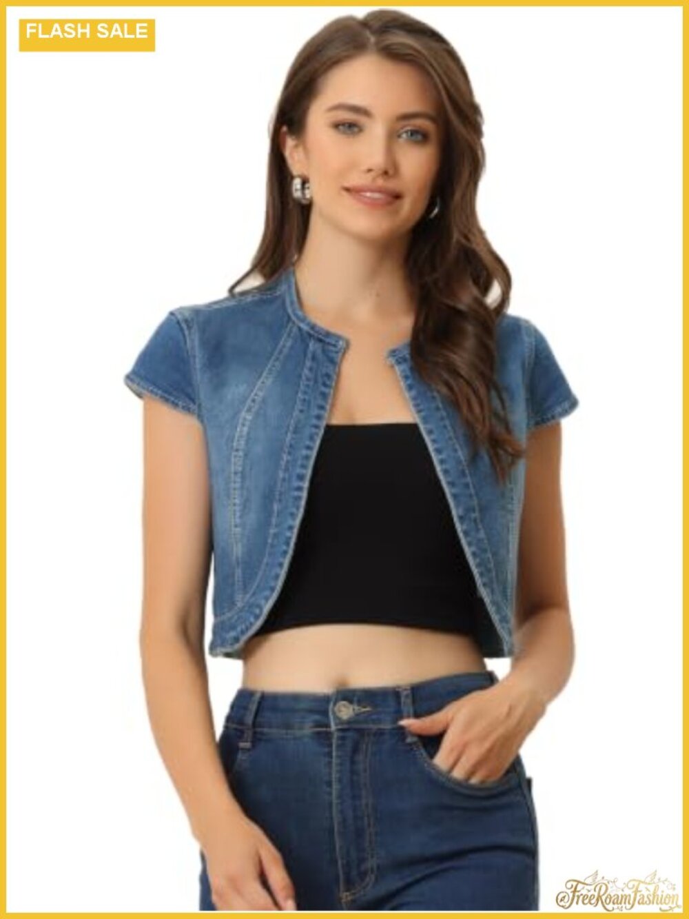 Women's Denim Jacket Short Sleeve Collarless Cotton Jean Jacket
